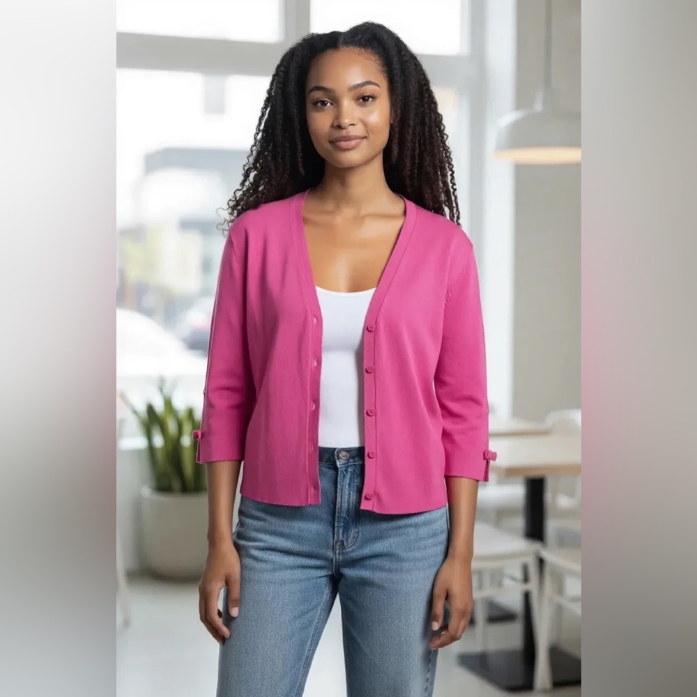 Evie Hot Pink Crop Cardigan Sweater L Women Button Coquette‎ Officewear